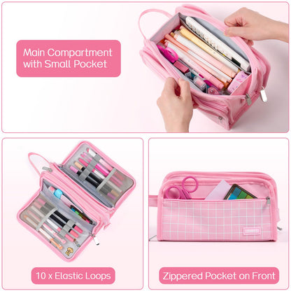 Sooez Large Pencil Case, Big Capacity Pencil Pouch Pen Bag with 3 Compartment, Portable Canvas Stationery Organizer with Zipper, Cute Aesthetic School Supplies for Teen Girls, Sky Blue with Plaid