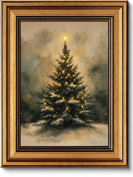 Vintage Gold Framed Christmas Tree Wall Art Rustic Pine Tree Winter Painting Picture Wall Decor Botanical Holiday Poster Print Artwork for Living Room Bedroom Entryway Christmas Decor Home Decoration
