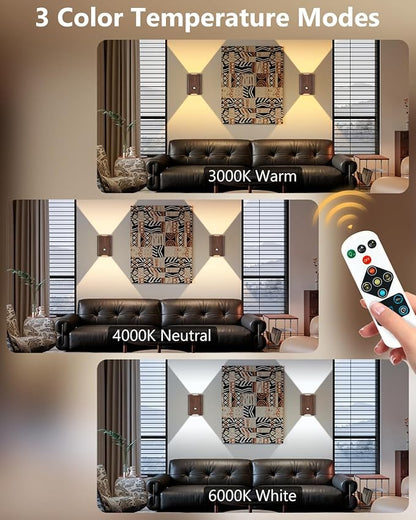 2 Pack Rechargeable Motion Sensor Wall Sconce – 5000mAh Wireless Battery Operated Wall Light, 3 Colors Up/Down Lighting Night Light with Remote Control for Indoor Stairs, Bedroom, Hallway (Walnut)