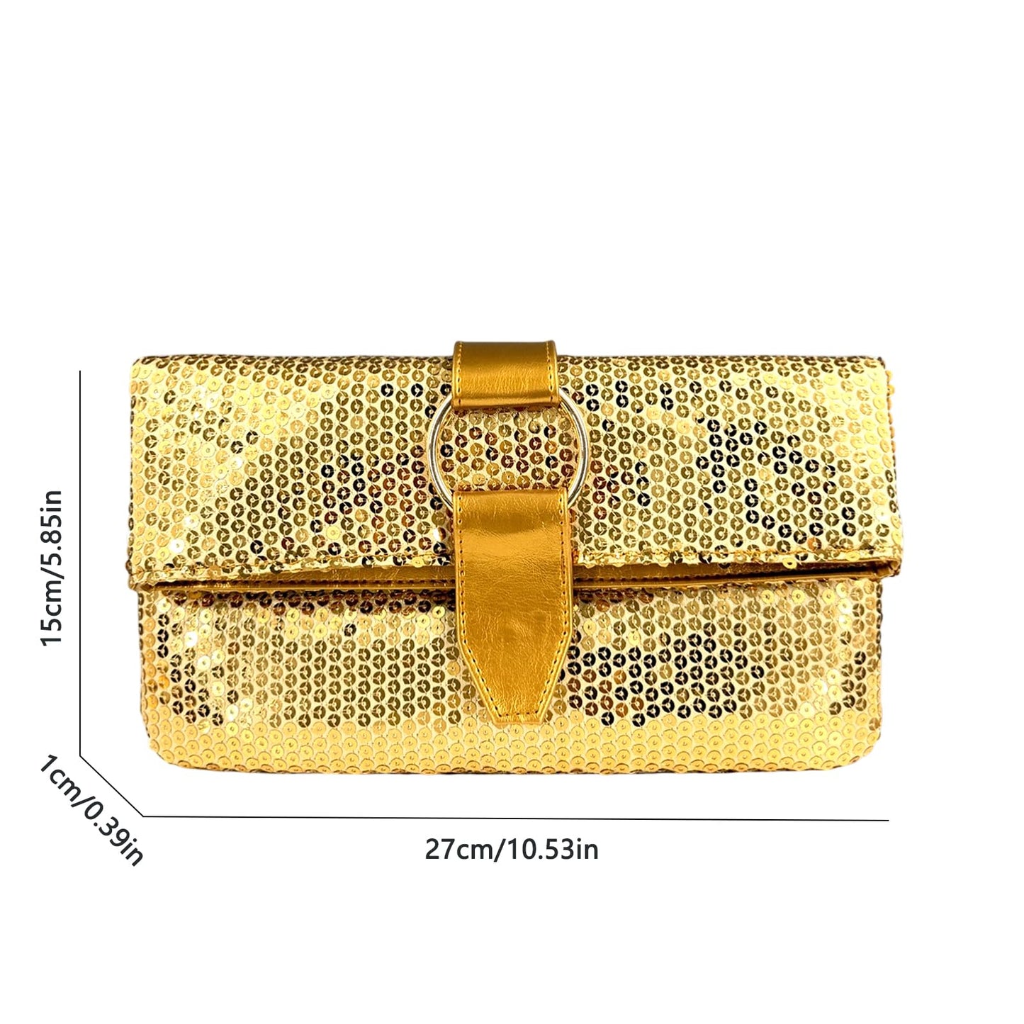 Evening Clutch Bag for Women, Sequin/Patent Leather/Woven PU Leather Clutch with Metal O-Ring Buckle Closure (Gold Sequin)