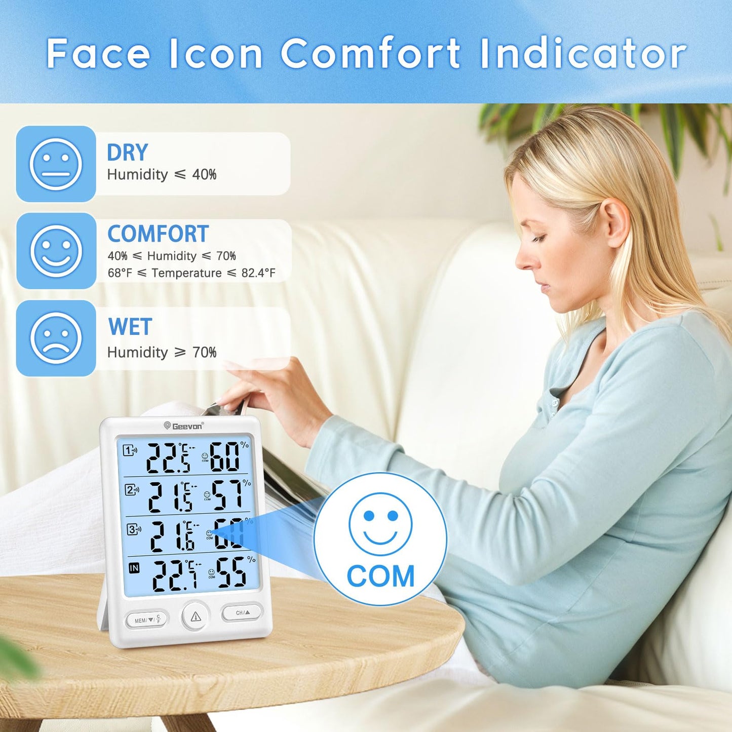 Geevon Indoor Outdoor Thermometer Wireless with 3 Remote Sensors, Digital Hygrometer Thermometer, Wireless Temperature Humidity Monitor Gauge with 200FT/60M Range (Black)