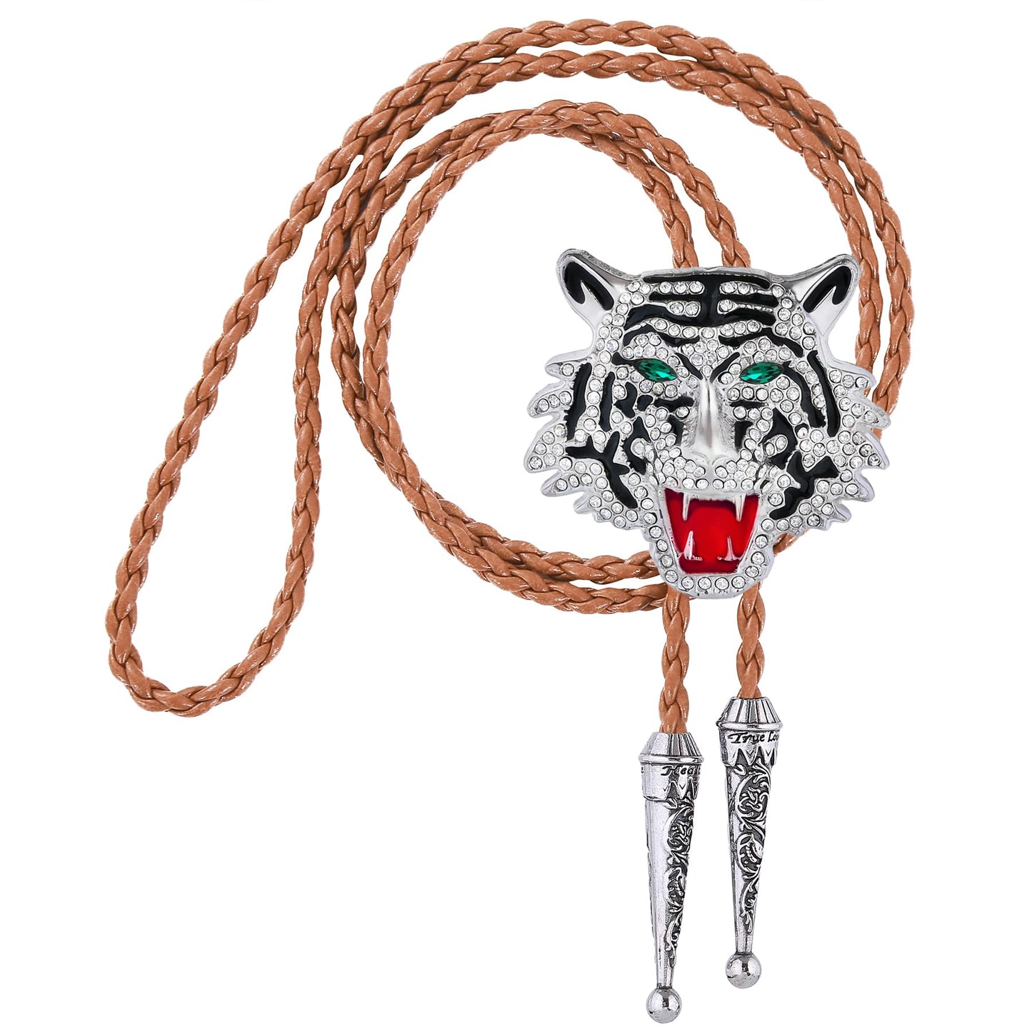 GelConnie Bolo Tie for Men - Crystal Tiger Head Bolo Tie for Men - Brown Leather Cord Western Cowboy Rhinestone Animal Bola Ties