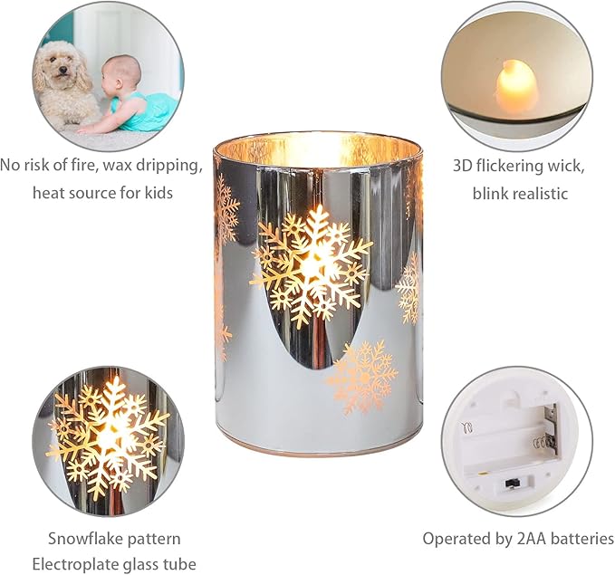 Christmas Flameless Candles Snowflake Electroplate Glass Candle Battery Candle with Timer Remote Realistic Pillar Candle for Xmas Home Decor Holiday Set of 3