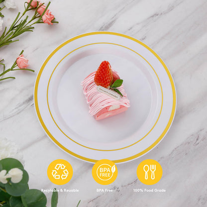Goodluck 200PCS Gold Plastic Plates, Heavy Duty Disposable Gold Plates with 100 10.25 inch Dinner Plates and 100 7.5 inch Dessert Plates, Disposable Plates for Party, Holiday, Wedding, Thanksgiving