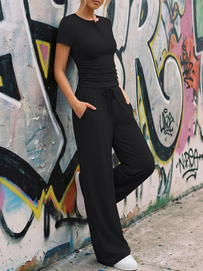 Trendy Queen Womens 2 Piece Sets Lounge Matching Set Cruise Casual Vacation Outfits Summer Airport Workout Gym Clothes Spring Fashion 2026 Teen Girl Wide Leg Pants Athletic Travel Tops Black M