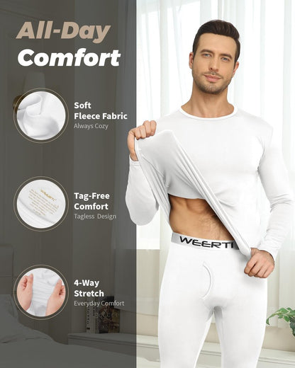 WEERTI Thermal Underwear for Men Long Johns with Fleece Lined Base Layer Men Cold Weather Top Bottom-White 4XL