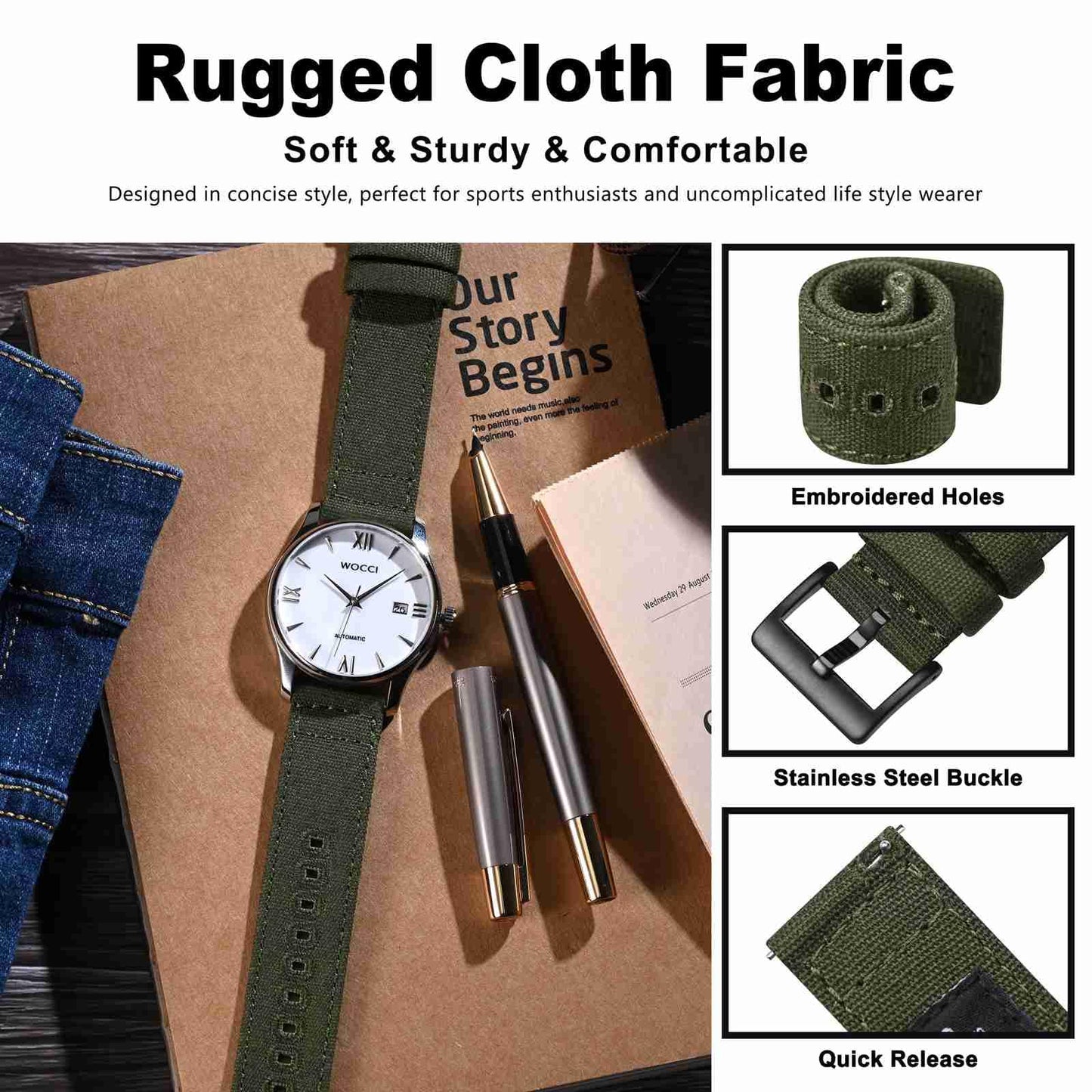 WOCCI 18mm Watch Band, Canvas Fabric, Quick Release, Replacement Strap, Black Buckle (Army Green)