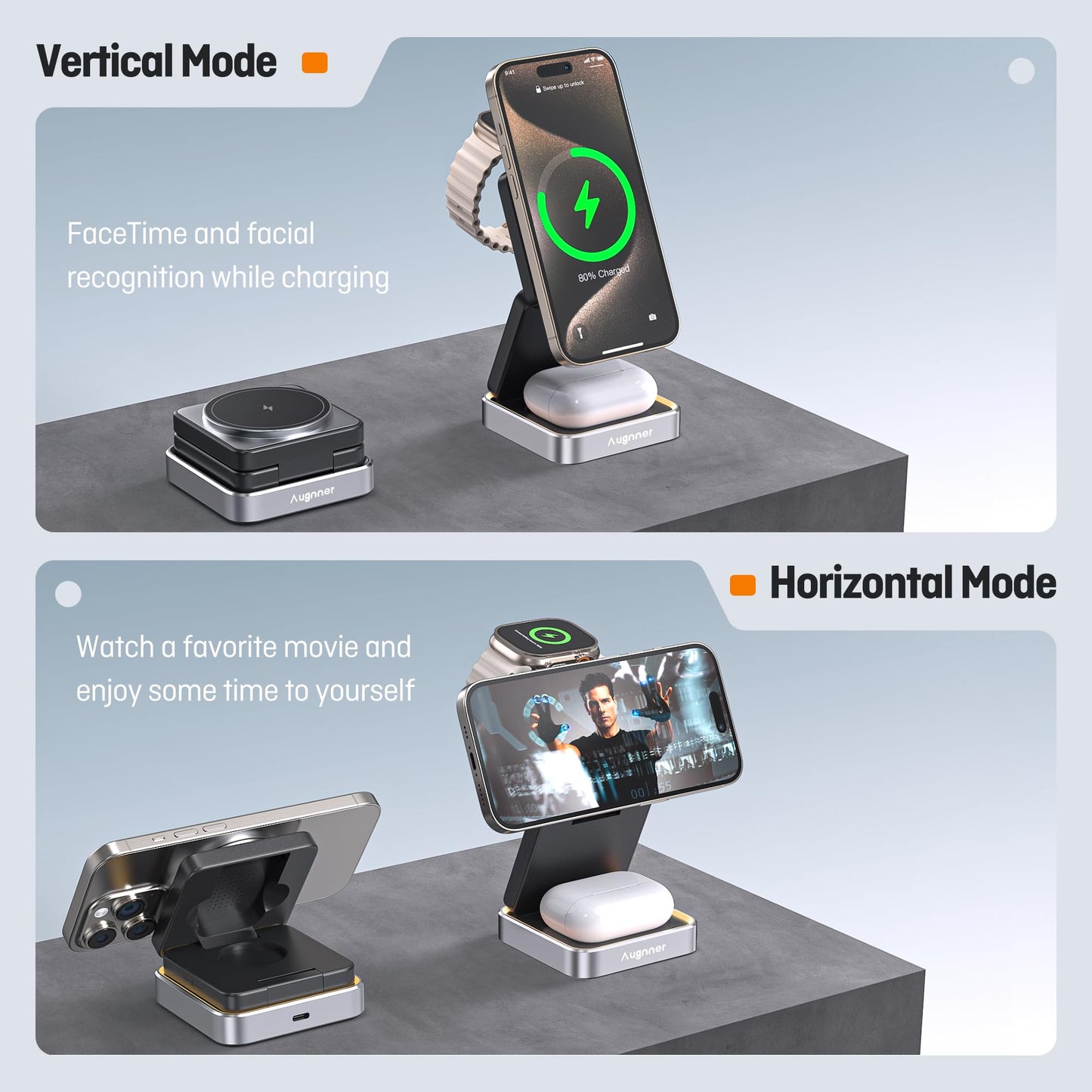 【2025 Upgraded】Wireless Charger 3 in 1, Foldable Wireless Charging Station with Night Light for Apple MagSafe Charger, Travel Magnetic Charger Stand, Nightstand Fast 15W Charging Station (20W Adapter)
