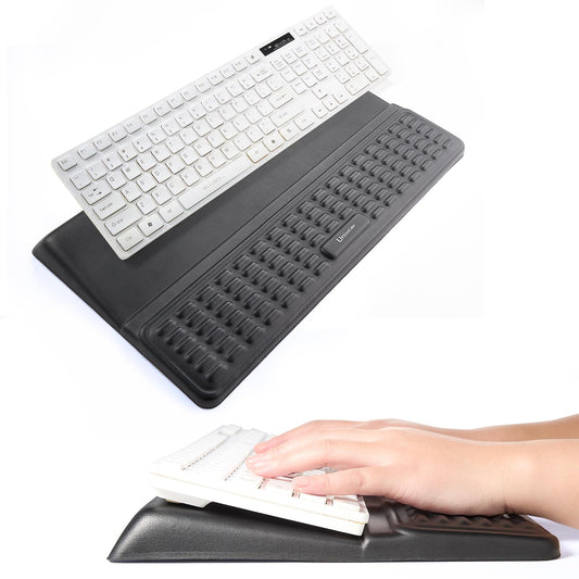 UnivoColors Keyboard Stand with Wrist Rest, high-Grade PU Leather, Soft Memory Foam Desk Cushion, Anti-Slip Silicone Base, Palm Hand Typing for Office Home School,Black,KP