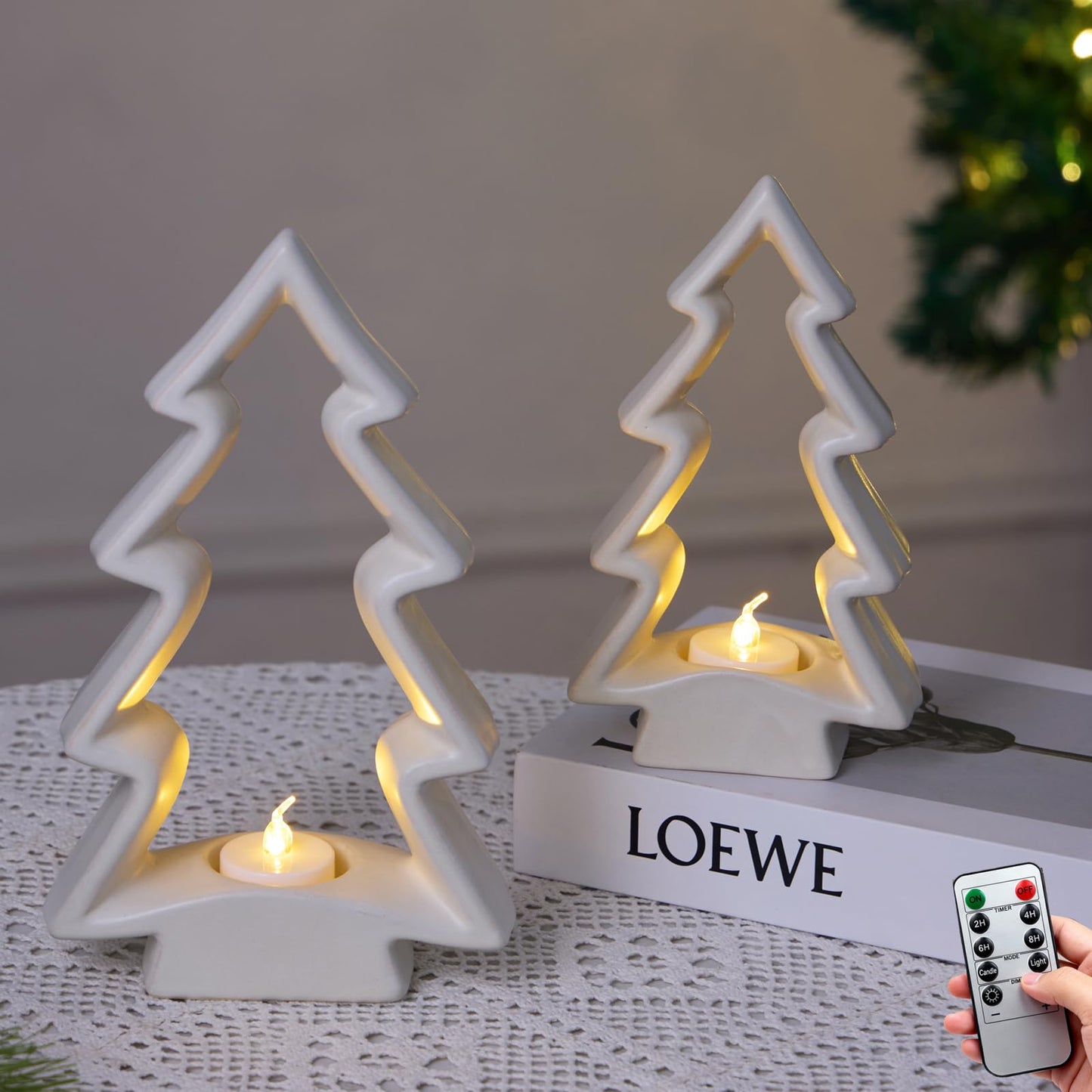 Mokof 2 Pcs White Ceramic Christmas Tree with LED Tea Lights & Remote Control, Farmhouse Tabletop Christmas Decorations Indoor for Mantle, Fireplace, Shelf Winter Holiday Home Decor (9.5" H & 7.5" H)