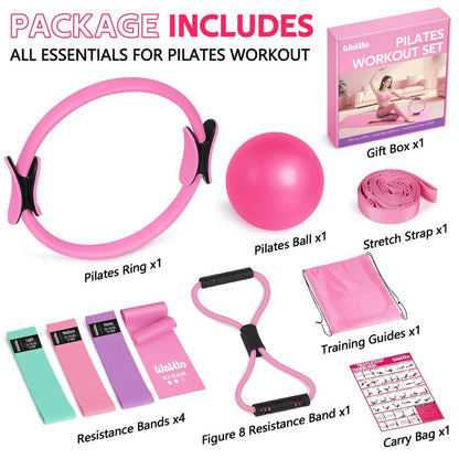 WALITO Home Pilates Kit for Women,Pilates Ring Set with Magic Circle,Resistance Bands,Figure 8 Workout Bands,Mini Ball, Compact Toning Fitness Essentials Starter Set Accessories Gift