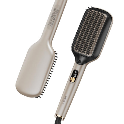 PRITECH Hair Straightening Brush Ionic 250-450°F Fasting Heating Anti-Scald & Auto-Off, Wide Plates Flat Iron Comb Teeth Dual-Voltage Straightener Hot Brush Ionizer Anti-Frizz (Black)