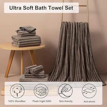 8 Pcs Polyester Brown Cabana Stripe Large Bath Towel Set-2 Bathroom Towels