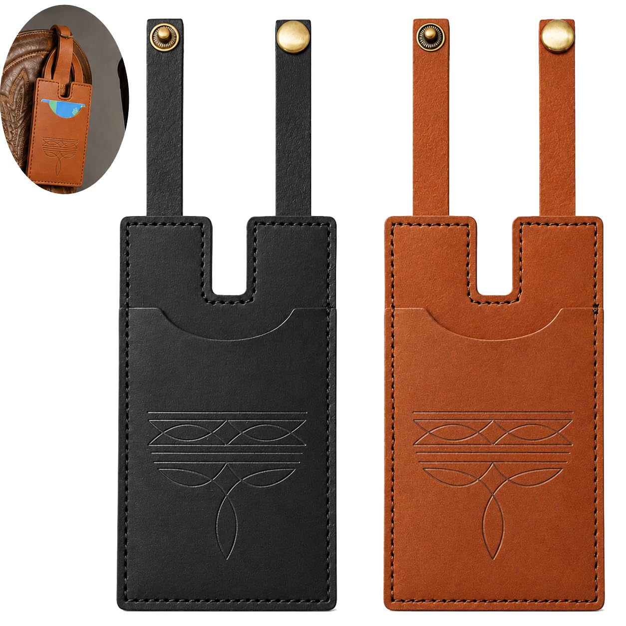 RJLCTH 2 Pcs Western Boot Wallet for Women, Brown/Black Leather Credit Card Holder, Snap Strap Insert for Standard Women's Western Boots, Casual Storage for Rodeos and Country Concerts