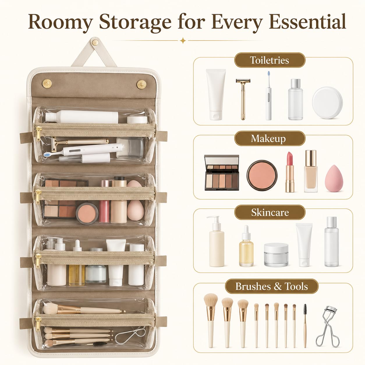 YDR 4-in-1 Travel Makeup Bag with Detachable Pouches, Large Hanging Toiletry Organizer for Women, Waterproof PU Leather Cosmetic Bag for Brushes, Toiletries & Skincare, Portable Roll Up Case