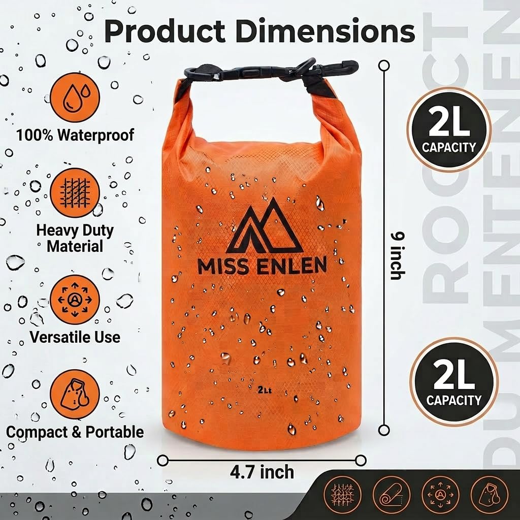 MISS ENLEN Waterproof Dry Bag 500D PVC Roll Top Dry Sack with 3 Carrying Ways, Lightweight Waterproof Bag for Kayaking, Swimming, Boating, Paddle Boarding, Hiking, Beach (Orange, 2L)