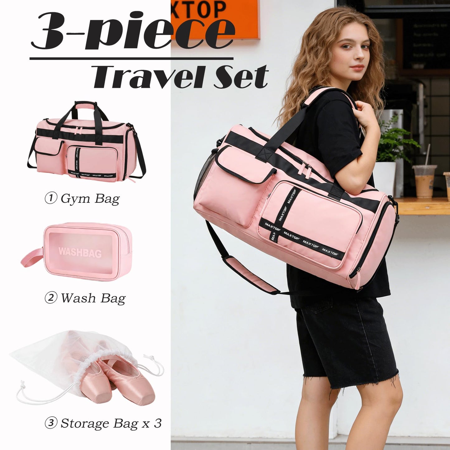 MAXTOP Gym Bag for Women Travel Duffle Carry On Tote Weekender Bag Large Capacity Pink Overnight Bag With Shoe Compartment Gym Tote Bag with Dry and Wet Separation