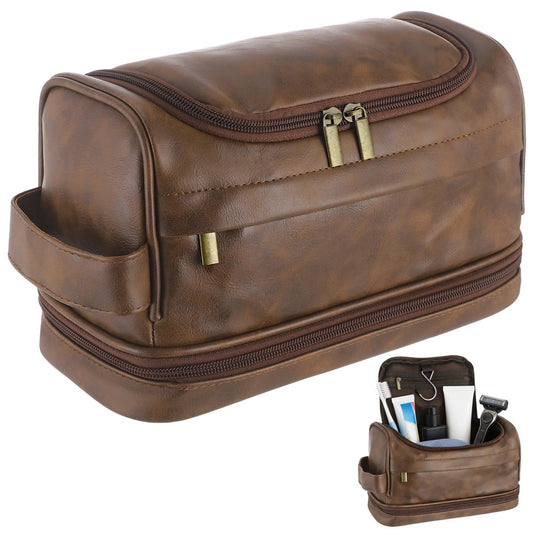 ZALIR Toiletry Bag for Men, PU Leather Waterproof Travel Kit with Hook, Multi-Compartment Shaving Organizer, Double Zipper Portable Cosmetic Bag for Business Trips