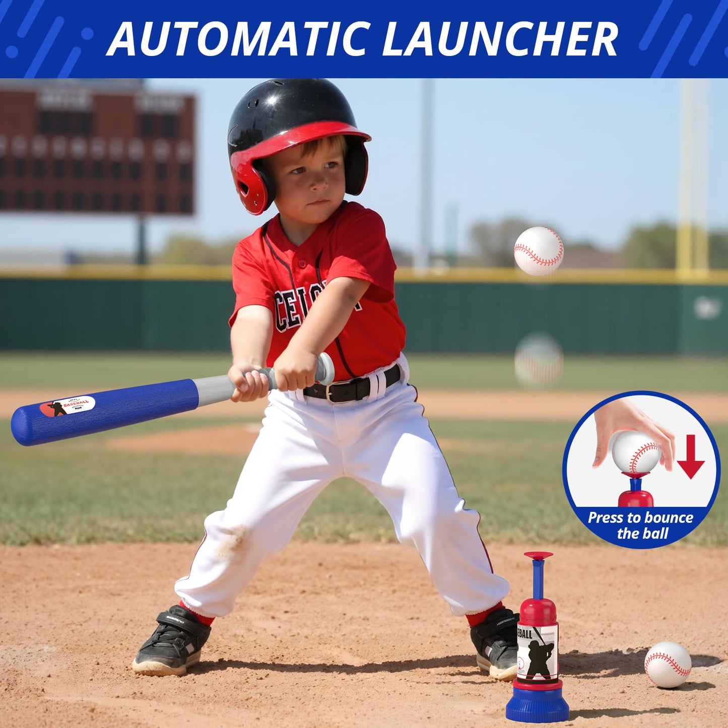 HYES 3-in-1 Baseball Set for Kids 3-5 - Tee Ball Stand, Hanging Tee, Ball Launcher and 6 Softballs - Adjustable Height, Indoor/Outdoor Sport Gifts for Boys Girls, Blue