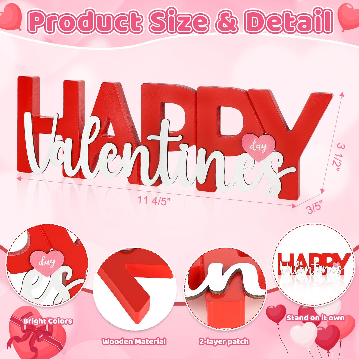 COCHIE Wooden Happy Valentine's Day Sign, Valentine Decorations for Home, Office, Shelf, Mantel, Indoor, Wood Heart Decor, Red Pink Table Top Party Decoration (Valentines)