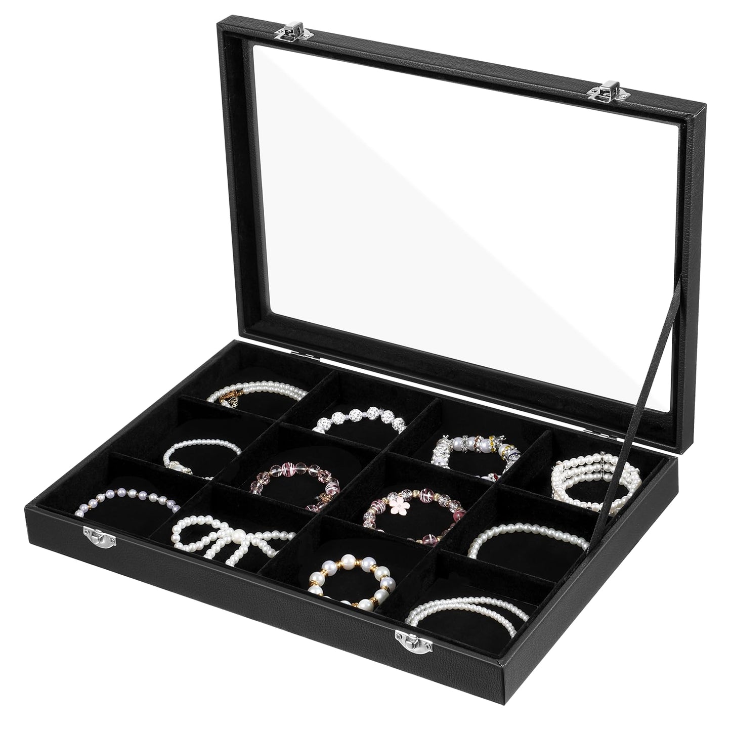 12 Grid Stackable Bracelet Holder Organizer Box for Drawer Tray, Velvet Jewelry Organizer Box Bracelet Display Jewelry Trays with Transparent Glass Lid Bangle Necklace Ring Holder Case for Selling