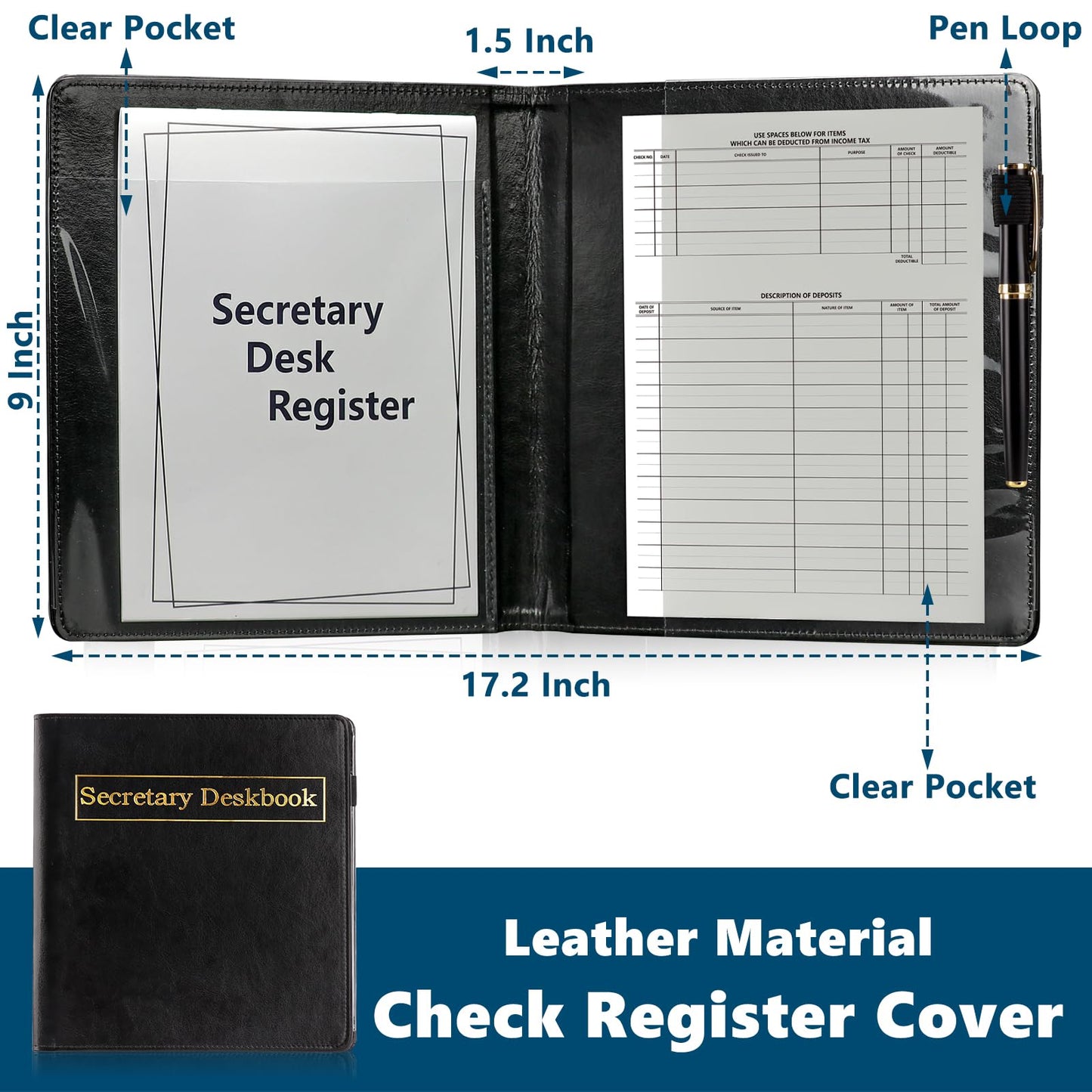 3 Pack Secretary Deskbook Check Register Cover 8.4*9 Inch Transaction Register Book 6.3*8.2 Inch Checkbook Transaction Register Executive Checkminder Checks Cover For Track Payments Deposits Finances