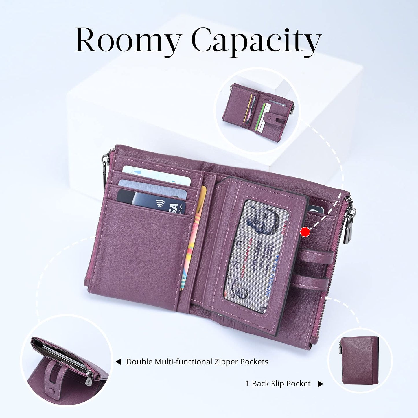 Bveyzi Small Soft Leather Wallet for Women RFID Blocking Ladies Card Holder with Double Zipper Pocket (Deep Plum)
