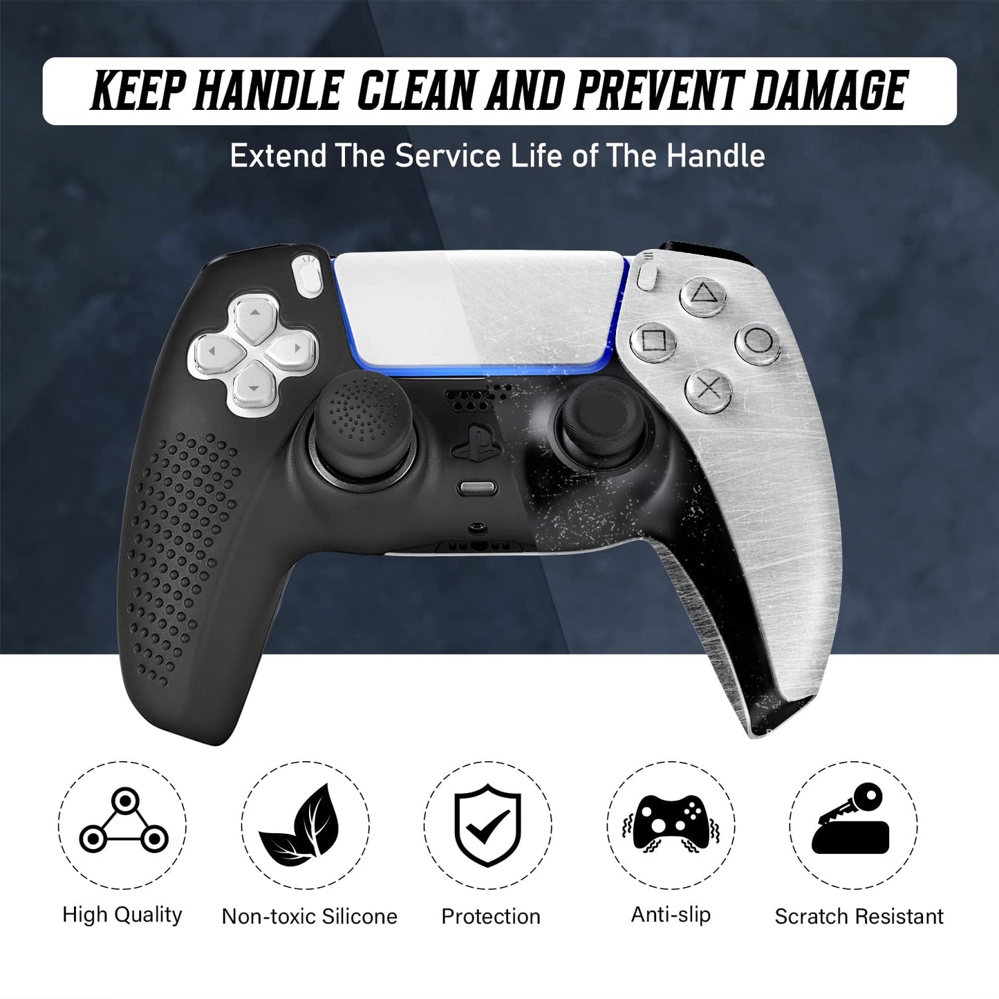 FAMOMI PS5 Controller Skin, Anti-Slip Soft Silicone Protective Cover Case for PlayStation 5 Controller Grip Accessories, 2 Pack with 8 x Thumb Grip Caps (Black&Black)