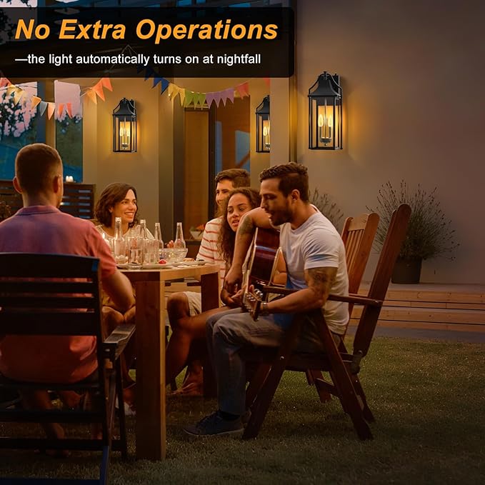 𝟏𝟕.𝟒𝑰𝑵 Outdoor Wall Sconce Fixture, Dusk to Dawn Patio Lights Waterproof Exterior Lanterns, 2-Light Modern Wall Lights Mounted with Glass, Black Outside Light for House Front Door Decor
