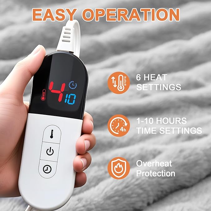 Heated Blanket Electric Throw Blanket 72''X 84''-Heating Blanket with 6 Heat Settings-10 Hours Auto Off,Cozy Faux Rabbit Fur Bubble Electric Blanket,Light Gray