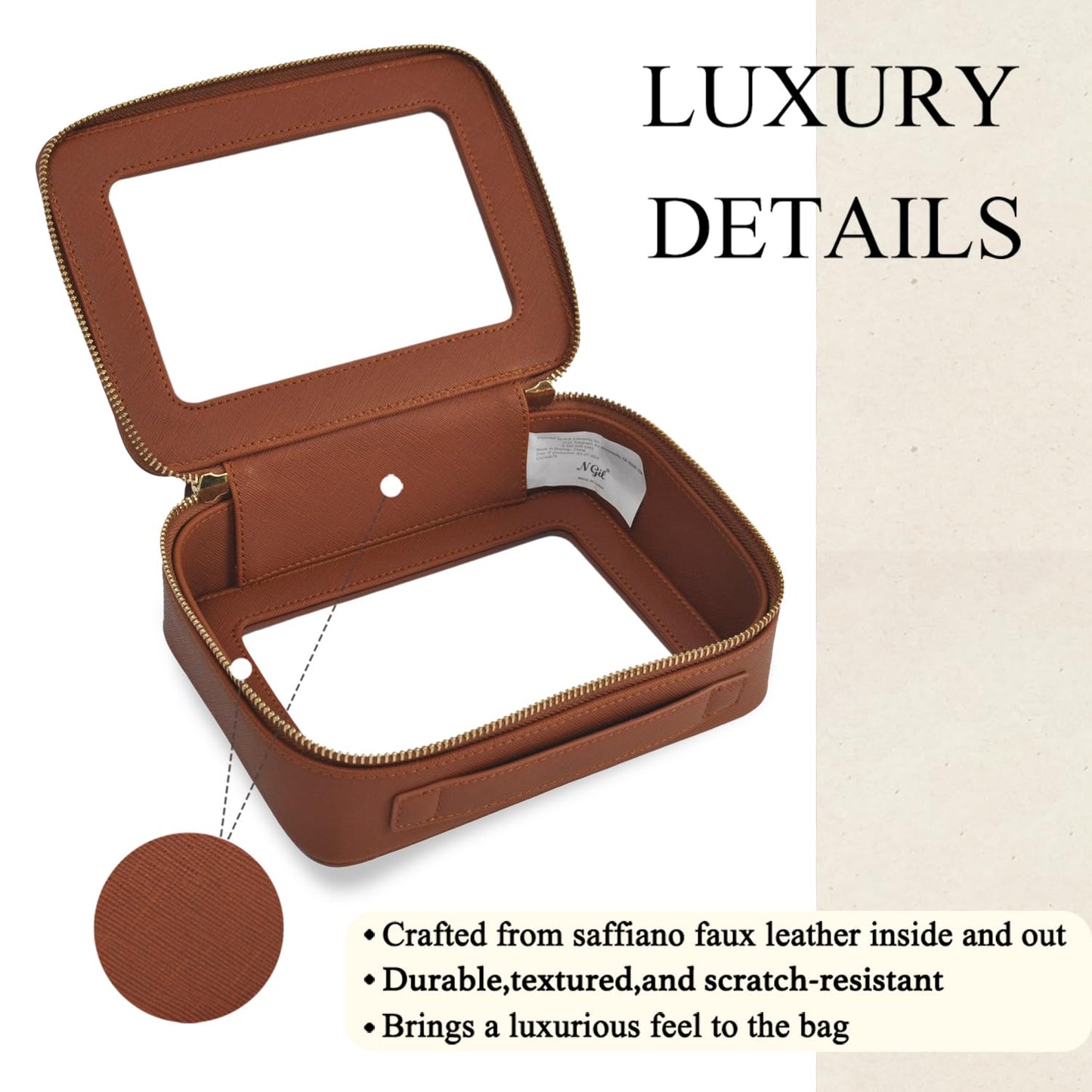 NGIL Clear Faux Leather Travel Toiletry Bag, Makeup Bag Organizer for Women, Clear Window & Gold Zipper Makeup Bag, Road Trip Essential, Skincare, Cruise Ship Essentials (Brown)