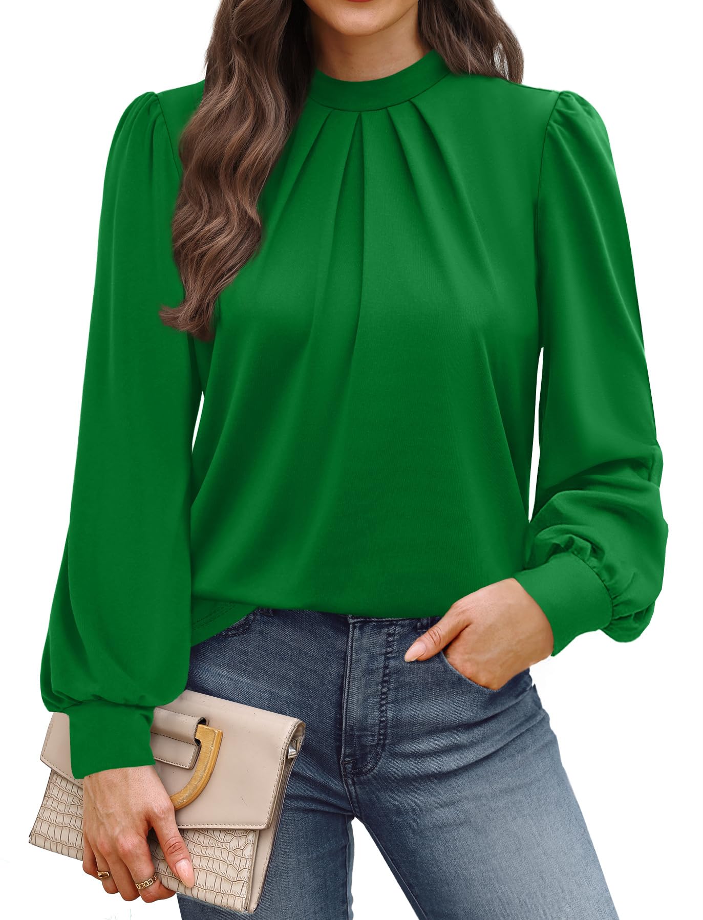 WIHOLL Long Sleeve Shirts for Women Mock Neck Tops Pleated Front Blouses Dressy Casual Fall Clothes 2025 Fashion