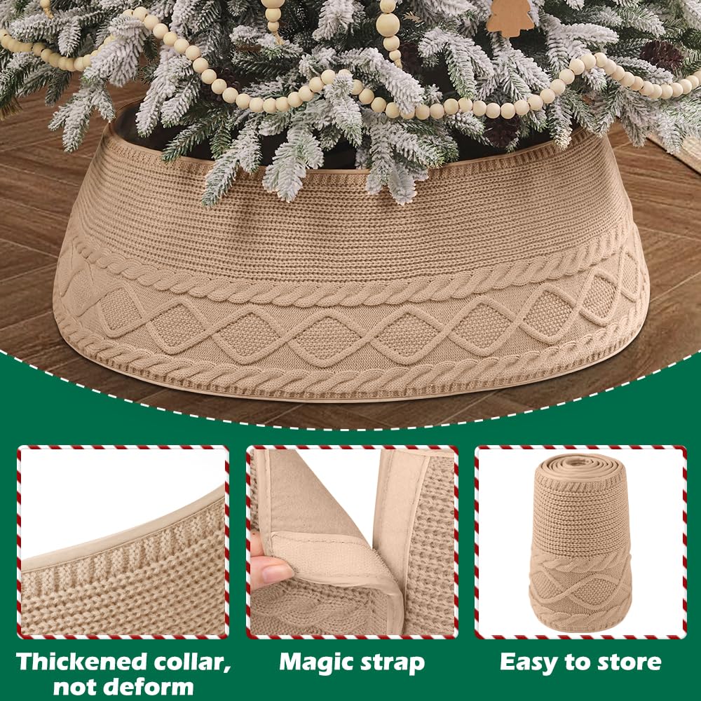Teeanzo Christmas Tree Collar Skirt,Knitted Beige Diamond Edge Cable Stand Farmhouse Rustic Tree Ring for Artificial Christmas Tree Base Cover Holiday Home Party Decoration