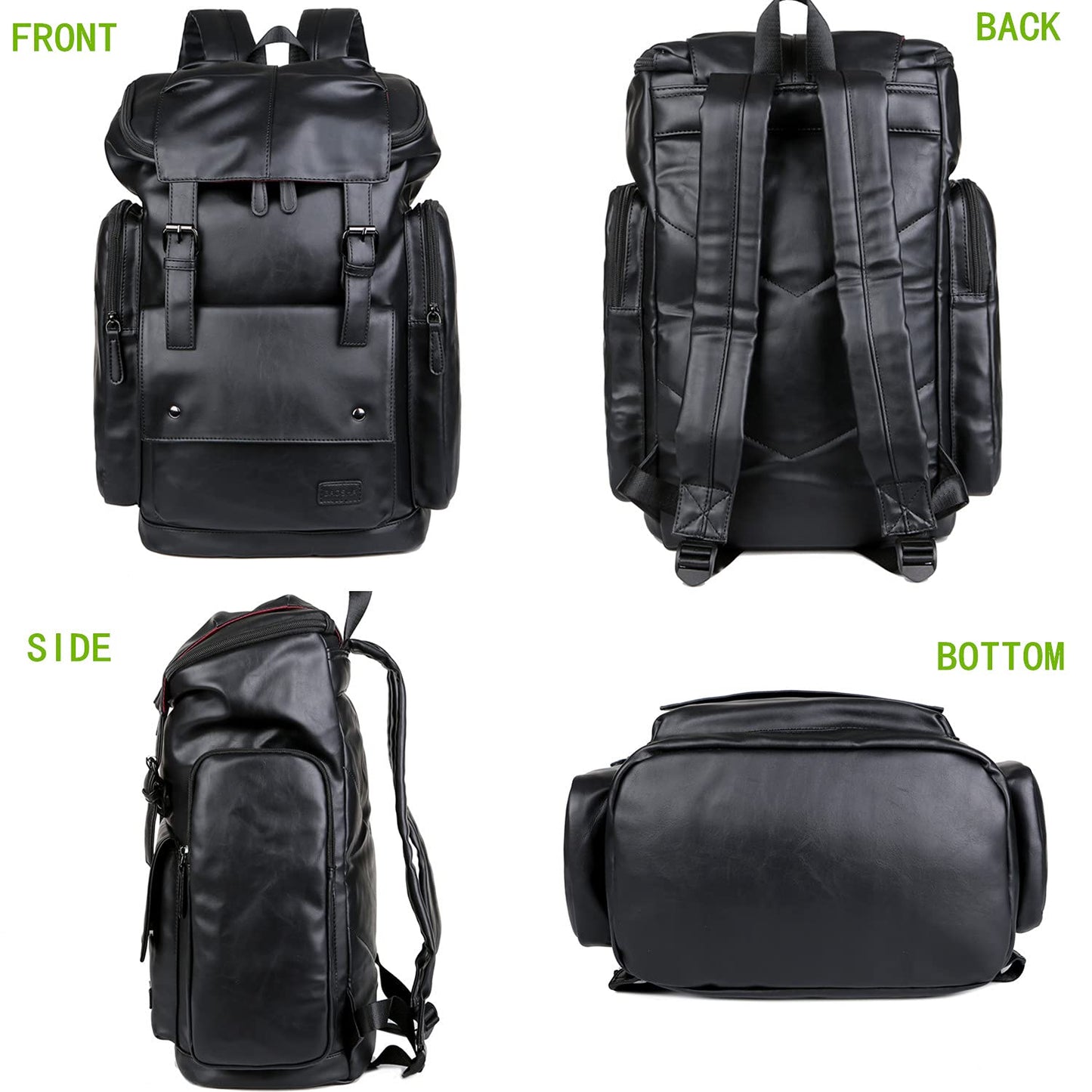 Baosha BP-16 PU Leather Casual Backpack 15.6inch Laptop Backpack Travel Backpack Hiking Comping Backpack Daypack Black