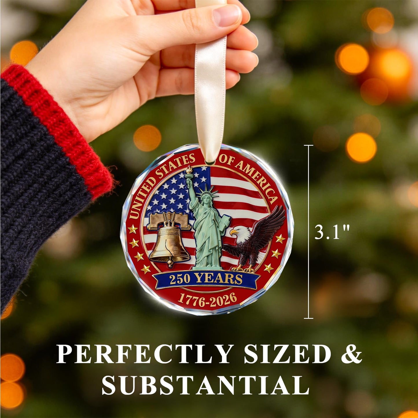 250 Anniversary USA Ornament for 4th of July Tree Decorations - Crystal Glass Patriotic Christmas Ornaments - 1776-2026 Bald Eagle Statue of Liberty Bell Keepsake - Independence Day Souvenir Gifts
