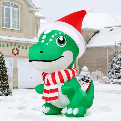 GOOSH 5 FT Christmas Inflatables Dinosaur Outdoor Decorations Blow Up T Rex with Xmas Hat Yard Decorations with Built-in LED Lights for Garden Lawn Indoor Party Décor