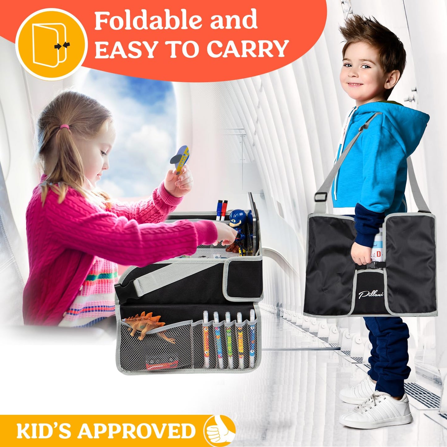 PILLANI Kids Travel Tray for Car - Car Seat Tray with Activity Sheets & Pens, Road Trip Essentials for Car & Airplane, Must Have Toddler Travel Lap Desk Accessories - Road Trip Activities for Kids