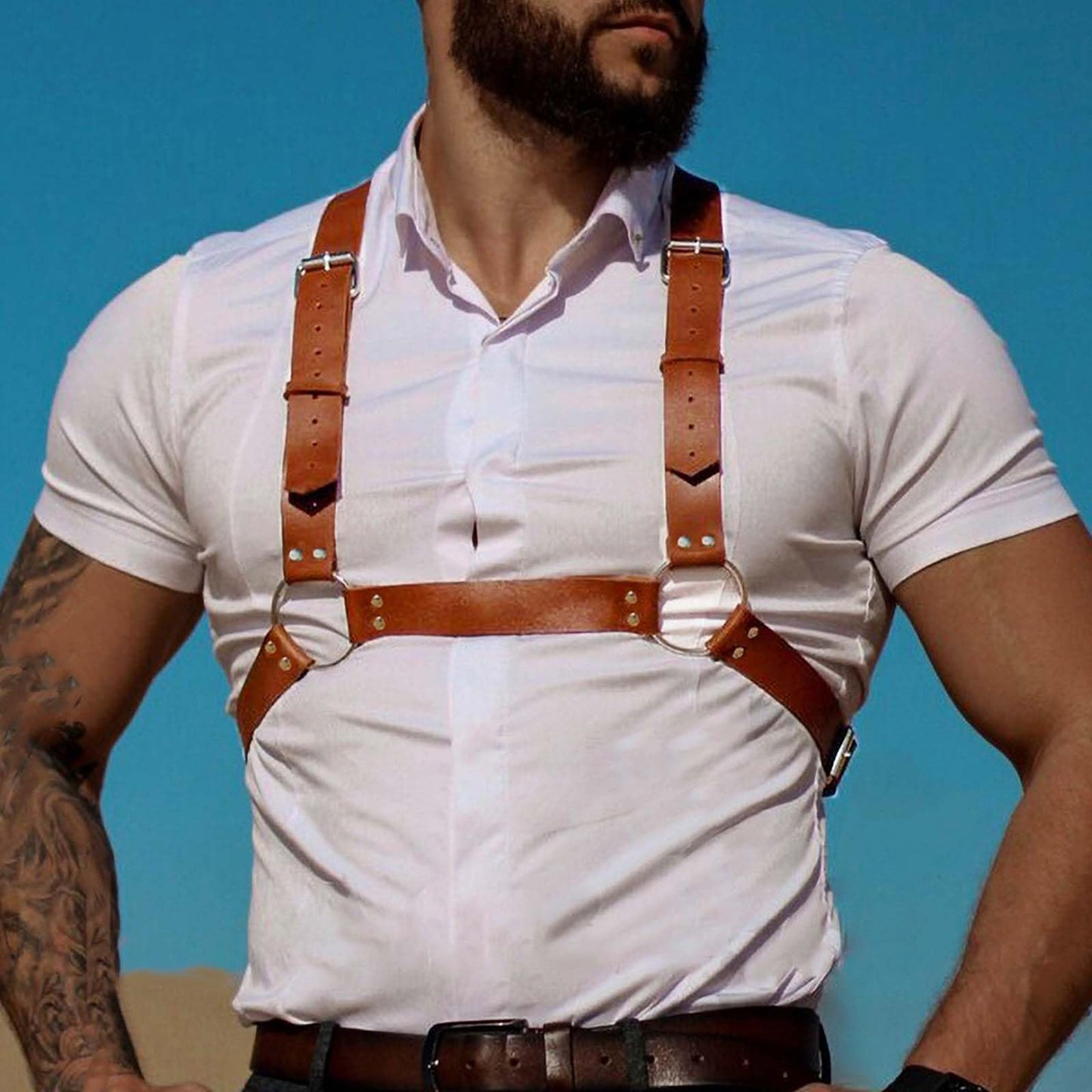 Fstrend Men's Mardi Gras Chest Harness, Brown Faux Leather Shoulder Belt Strap, Fashion Rave Outfits Body Accessory