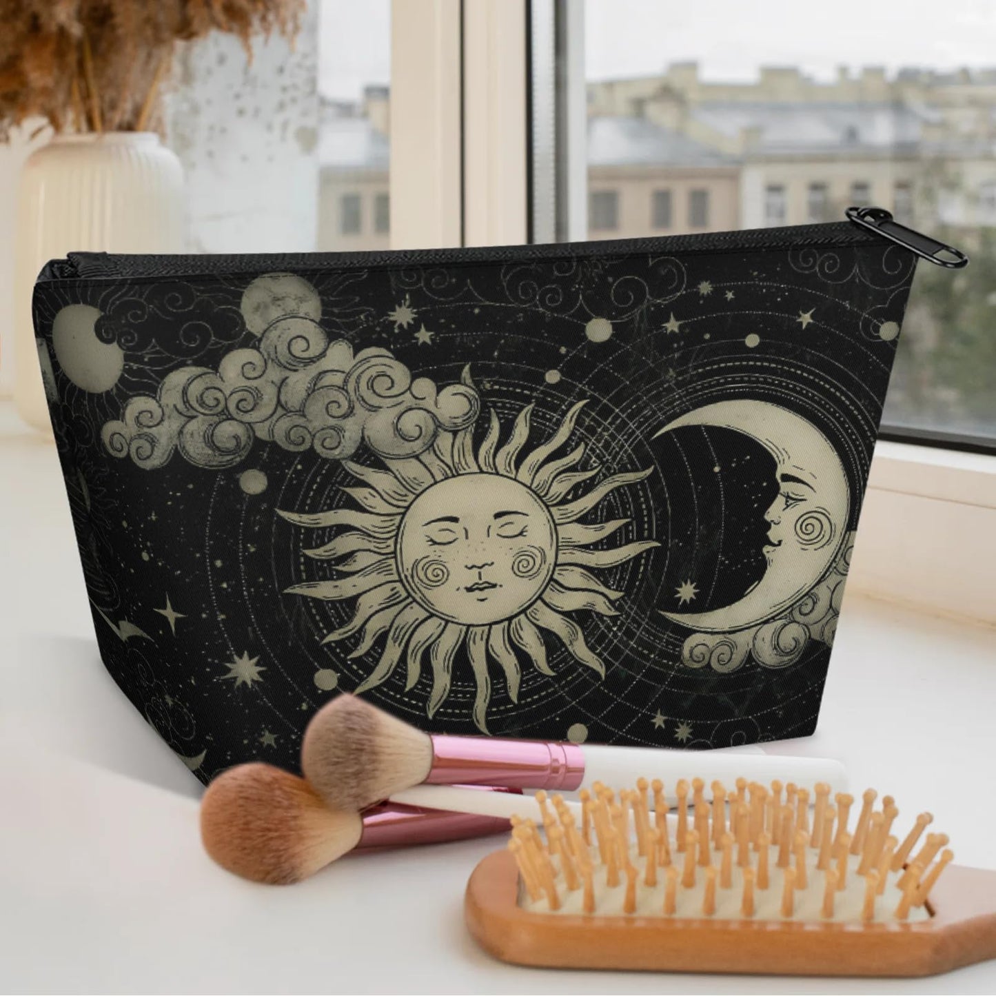 KUYEHTAO Astrology Sun Moon Gothic Makeup Bag for Women, Portable Cosmetic Bag for Travel Purse, Fashion Zipper Makeup Pouch, Small Travel Bag for Purse