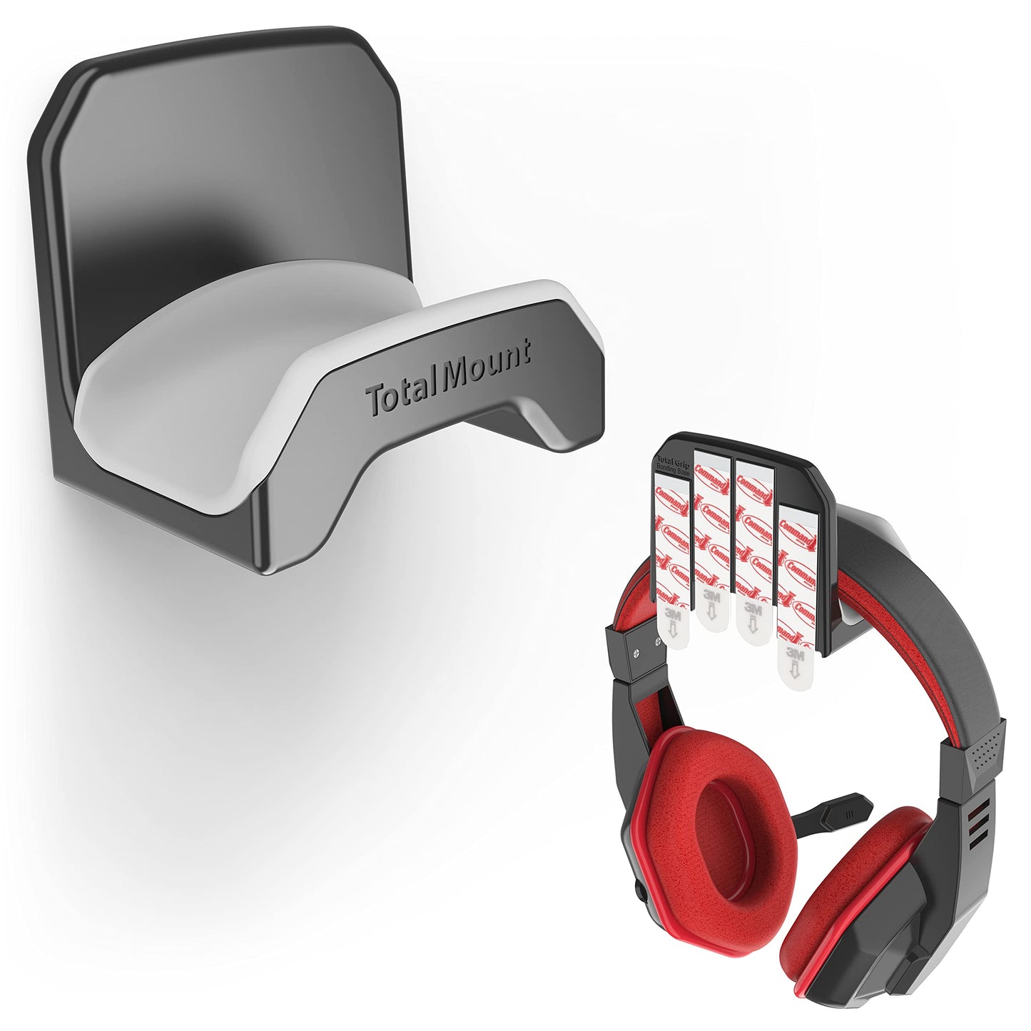 TotalMount Gaming Headset Hanger – Includes Removable Adhesive Strips for Easy, Damage-Free Wall, Desk, or PC Mounting (Black Headphone Hook with Premium Silicone Cradle – One Pack)