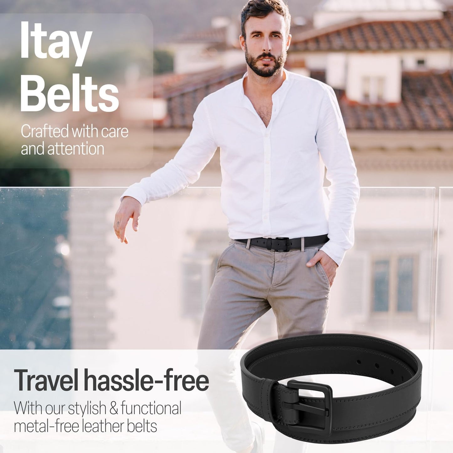 ITAY Metal Free Hypoallergenic Leather TSA Belt Strap, Adjustable Nickel Free Mens Belt, Non Metal Belts for Men, Strudy Airport Friendly TSA Belts for Men