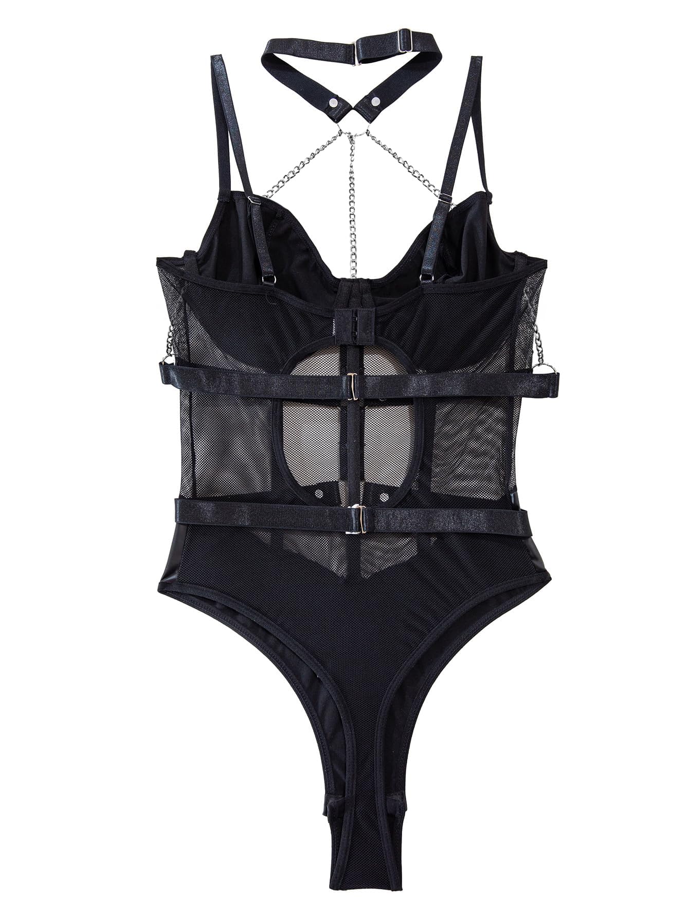 Lilosy Sexy Crisscross Choker Leather Pu Underwire Babydoll Women Harness Teddy Bodysuit Nightshirt One Piece Push Up Mesh Sheer Nightgown Chain Black Large
