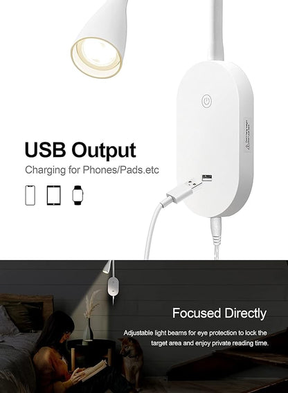 deeloop LED Wall Mount Reading Light for Bed, Reading Lamp with USB Output 5 Brightness Levels Touch Control Book Lights, 4000K Bedside Lamp Flexible Gooseneck, 2 Easy Install Options