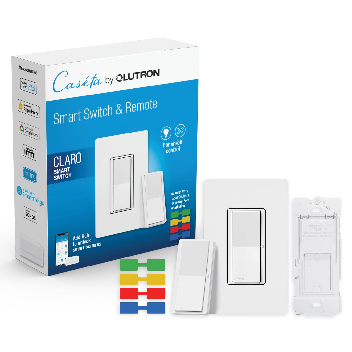 Lutron Claro Smart Light Switch for Caseta Lighting, for LED Lights, Fans, 5 Amp, Single-Pole/3-Way, Neutral Required, DVRF-5NSS-WH-2, White, 2 Pack