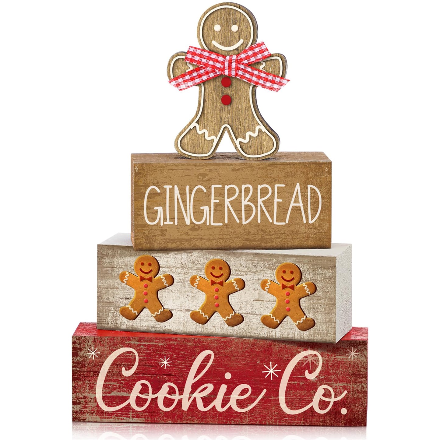 Moucuny 4 Pcs Christmas Table Decor Gingerbread Man Decoration Christmas Centerpiece Winter Tiered Tray Decor Rustic Gingerbread Block Signs Gift Winter Table Decoration for Xmas Party Kitchen Home