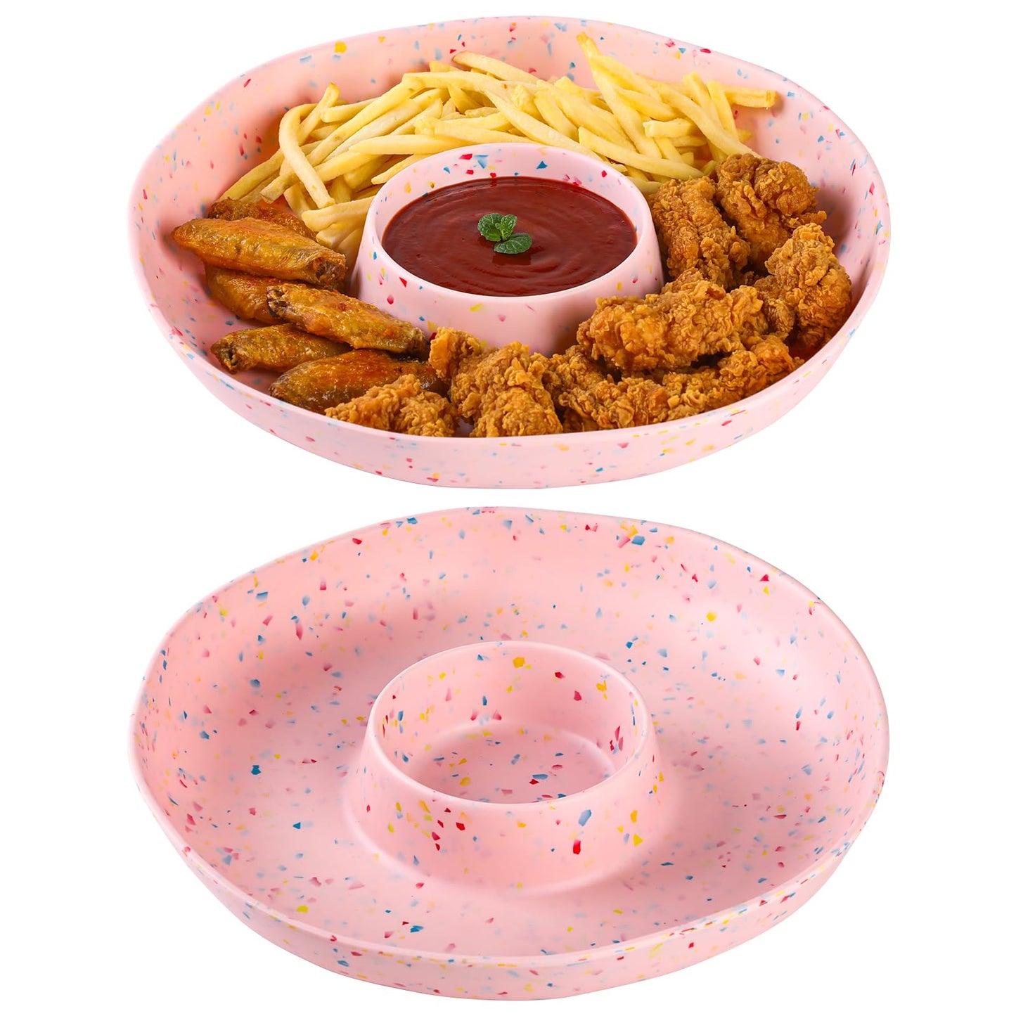 Chip and Dip Serving Set Divided Serving Platter Appetizers and Cheeses Serving Tray Pink Compartment Dishes for Party, Christmas, Dessert, Fruit, Candy, 13-inch Set of 2
