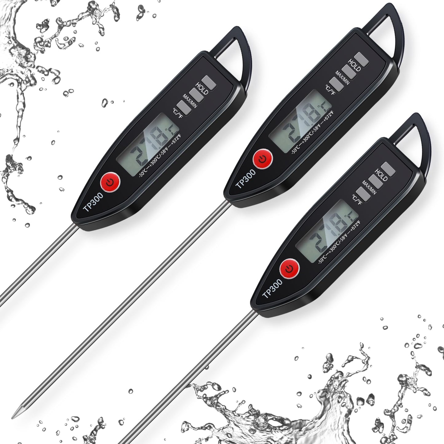 6 Pcs Instant Read Meat Thermometer with Long Probe 9.65 Inch Kitchen Cooking Food Candy Waterproof Digital Thermometer for BBQ Water Milk Yogurt Liquid (Round&Square Ring,Black,White,Red)