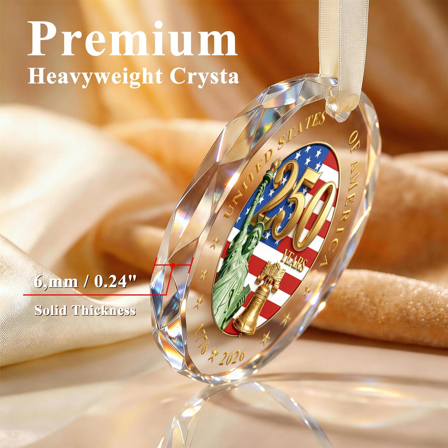 250 Anniversary USA Ornament for 4th of July Decorations - Crystal Glass Patriotic Christmas Ornaments - 1776-2026 Statue of Liberty Bell & US Flag Keepsake - Independence Day Souvenir Gifts