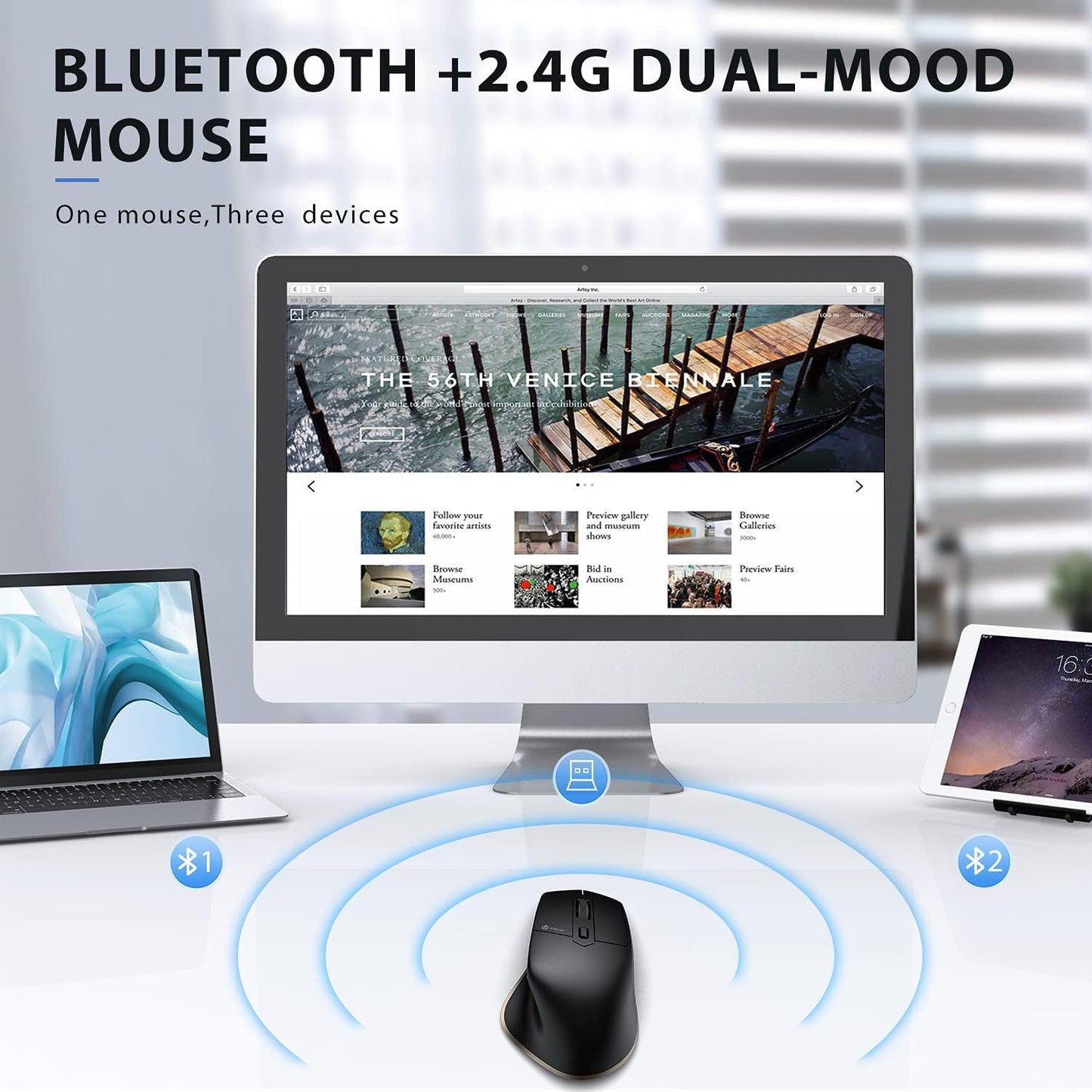 iClever Wireless Mouse with Bluetooth or USB Receiver, 5 Adjustable 2400DPI Rechargeable Computer Mice, Wireless Mouse for Laptop, iPad, MacBook, Tablet, PC