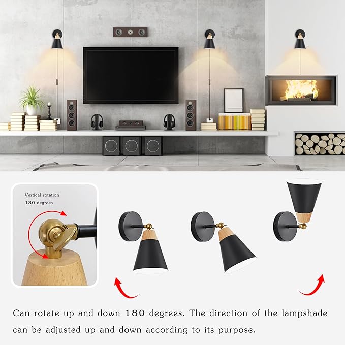 Wall Sconce with Metal Shade, Plug Switch, Indoor Decor Wall Mount Swing Arm Lamp for Bedroom,Hallway,Living Room,Reading, Black